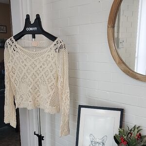Cream Crochet Long Sleeve Top, Large